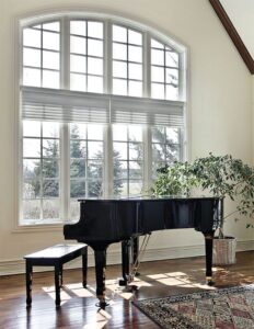 Brighton Double Hung Wood Clad Windows in Front of Piano